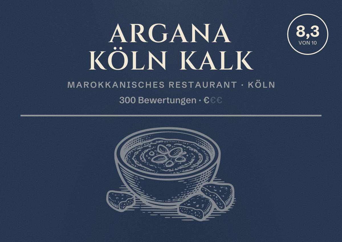 Illustriertes Poster von Argana Köln Kalk, Marokkanisches Restaurant in Köln: Bewertung 8,3 von 10 aus 300 Bewertungen, Preisniveau €