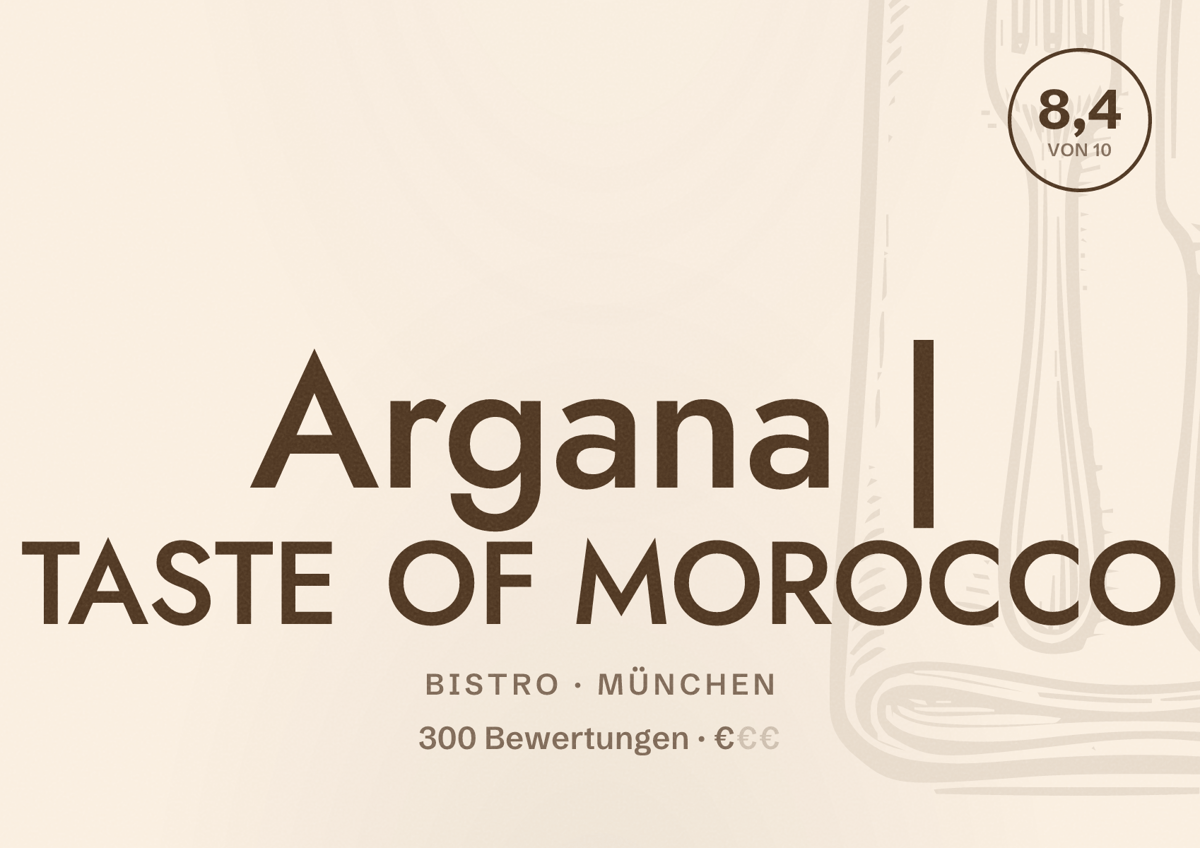 Illustriertes Poster von Argana | TASTE OF MOROCCO, Bistro in München: Bewertung 8,4 von 10 aus 300 Bewertungen, Preisniveau €