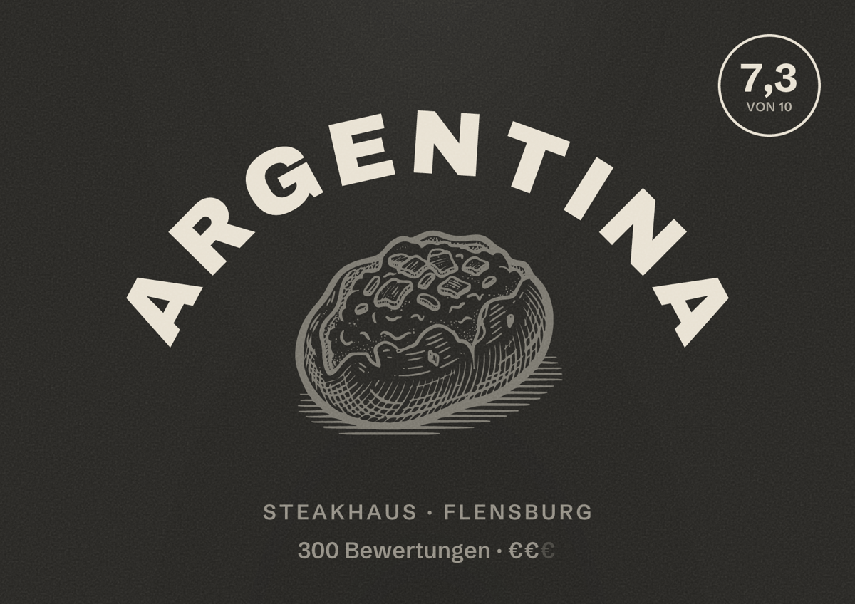 Illustriertes Poster von Argentina, Steakhaus in Flensburg: Bewertung 7,3 von 10 aus 300 Bewertungen, Preisniveau €€