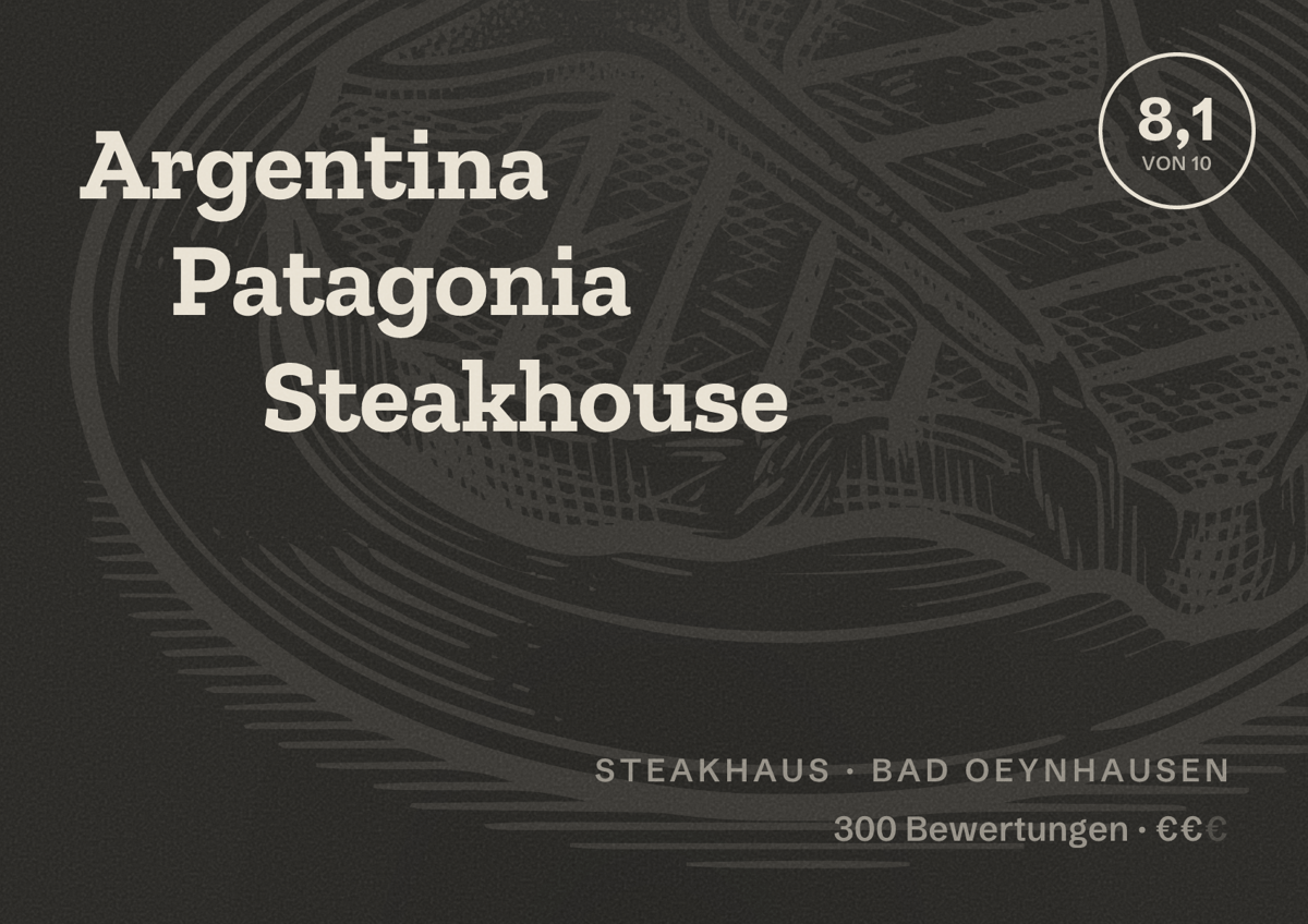 Illustriertes Poster von Argentina Patagonia Steakhouse, Steakhaus in Bad Oeynhausen: Bewertung 8,1 von 10 aus 300 Bewertungen, Preisniveau €€