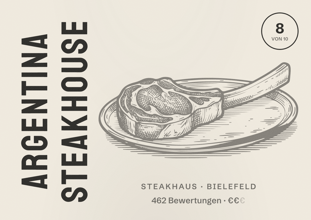 Illustriertes Poster von Argentina Steakhouse, Steakhaus in Bielefeld: Bewertung 8 von 10 aus 462 Bewertungen, Preisniveau €€