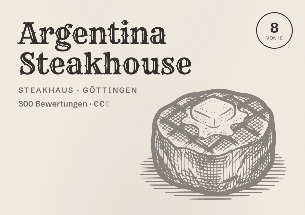 Illustriertes Poster von Argentina Steakhouse, Steakhaus in Göttingen: Bewertung 8 von 10 aus 300 Bewertungen, Preisniveau €€