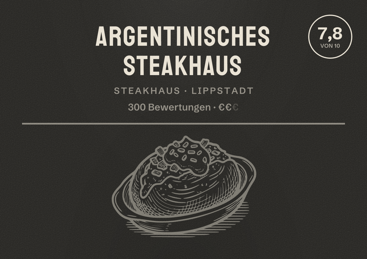 Illustriertes Poster von Argentinisches Steakhaus, Steakhaus in Lippstadt: Bewertung 7,8 von 10 aus 300 Bewertungen, Preisniveau €€