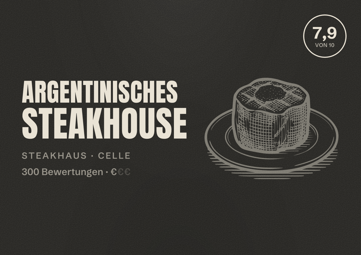Illustriertes Poster von Argentinisches Steakhouse, Steakhaus in Celle: Bewertung 7,9 von 10 aus 300 Bewertungen, Preisniveau €