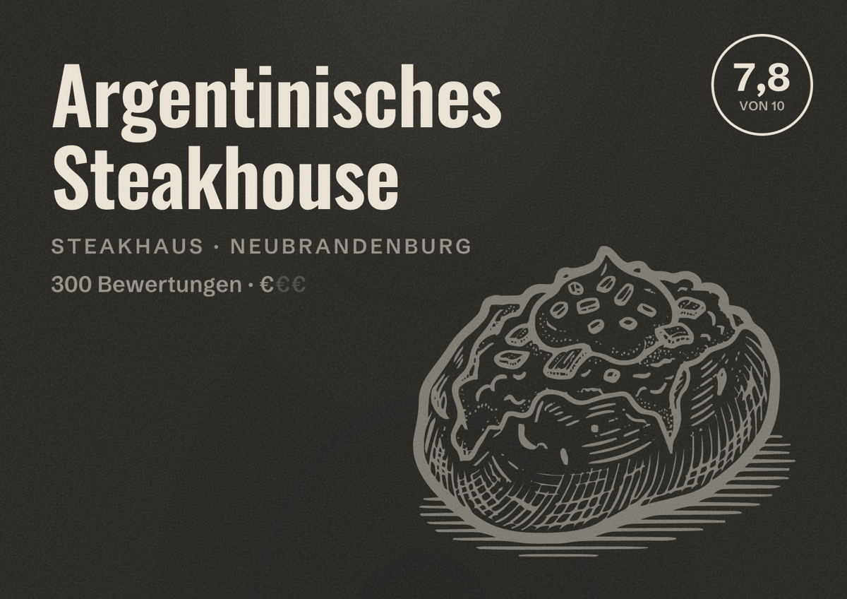 Illustriertes Poster von Argentinisches Steakhouse, Steakhaus in Neubrandenburg: Bewertung 7,8 von 10 aus 300 Bewertungen, Preisniveau €