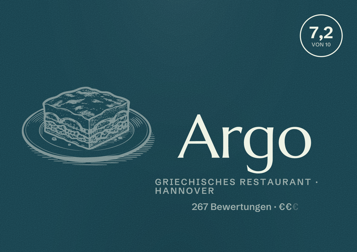 Illustriertes Poster von Argo, Griechisches Restaurant in Hannover: Bewertung 7,2 von 10 aus 267 Bewertungen, Preisniveau €€