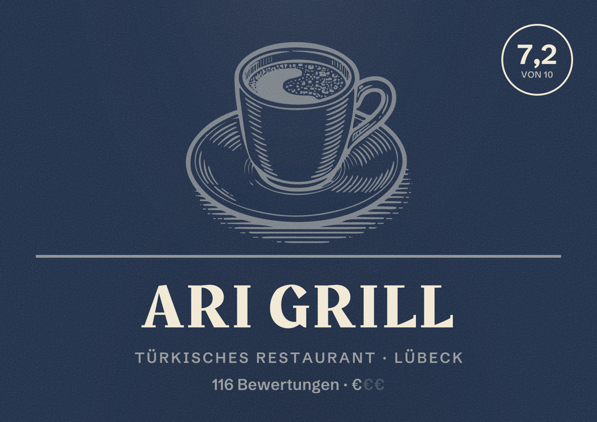 Illustriertes Poster von Ari Grill, Türkisches Restaurant in Lübeck: Bewertung 7,2 von 10 aus 116 Bewertungen, Preisniveau €