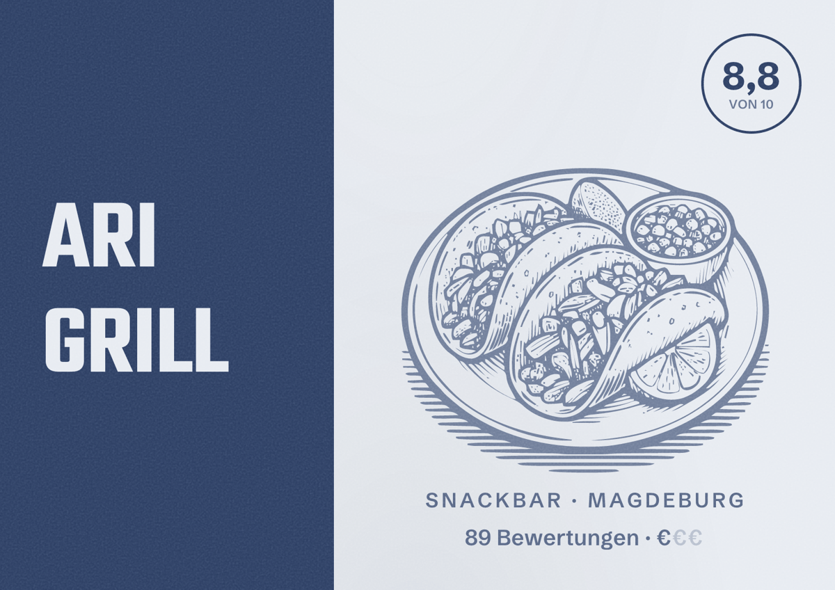 Illustriertes Poster von ARI GRILL, Snackbar in Magdeburg: Bewertung 8,8 von 10 aus 89 Bewertungen, Preisniveau €