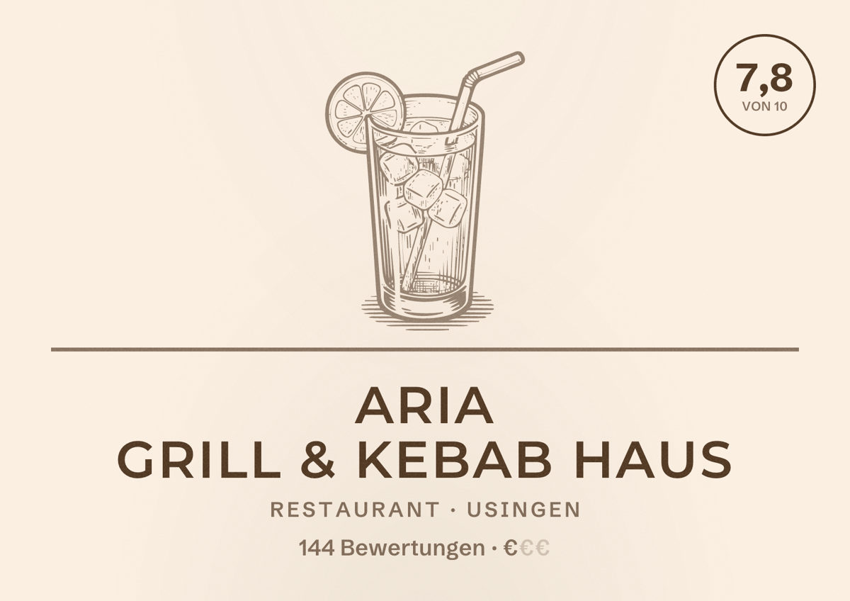 Illustriertes Poster von Aria Grill & Kebab Haus, Restaurant in Usingen: Bewertung 7,8 von 10 aus 144 Bewertungen, Preisniveau €