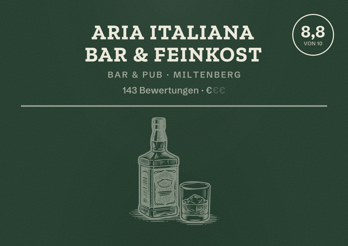 Illustriertes Poster von Aria Italiana Bar & Feinkost, Bar & Pub in Miltenberg: Bewertung 8,8 von 10 aus 143 Bewertungen, Preisniveau €