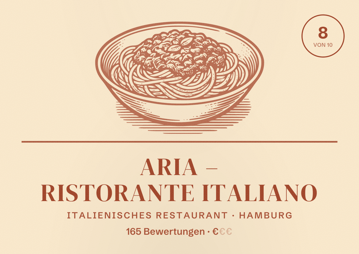 Illustriertes Poster von ARIA – ristorante italiano, Italienisches Restaurant in Hamburg: Bewertung 8,0 von 10 aus 165 Bewertungen, Preisniveau €