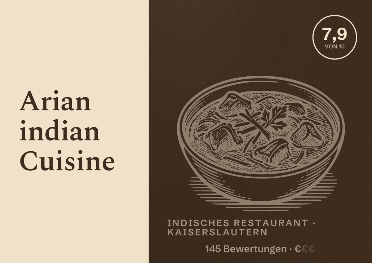 Illustriertes Poster von Arian indian Cuisine, Indisches Restaurant in Kaiserslautern: Bewertung 7,9 von 10 aus 145 Bewertungen, Preisniveau €