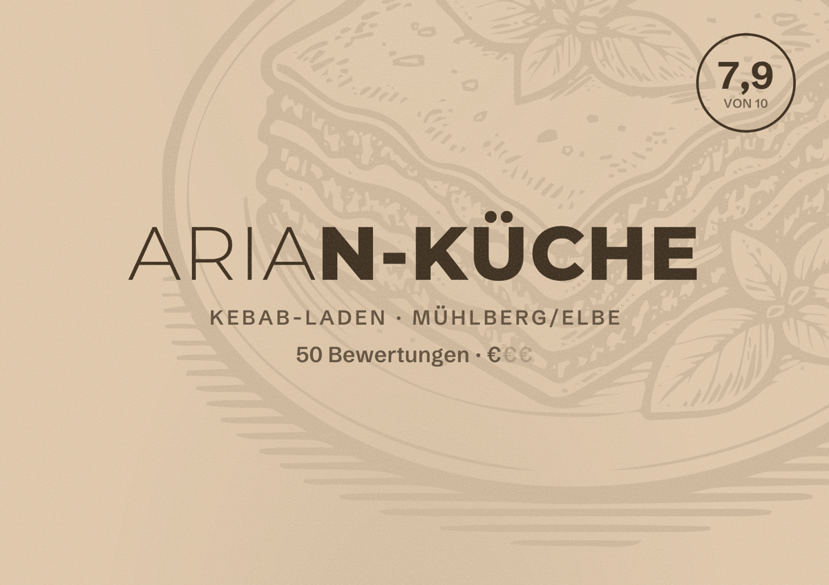 Illustriertes Poster von Arian-Küche, Kebab-Laden in Mühlberg/Elbe: Bewertung 7,9 von 10 aus 50 Bewertungen, Preisniveau €