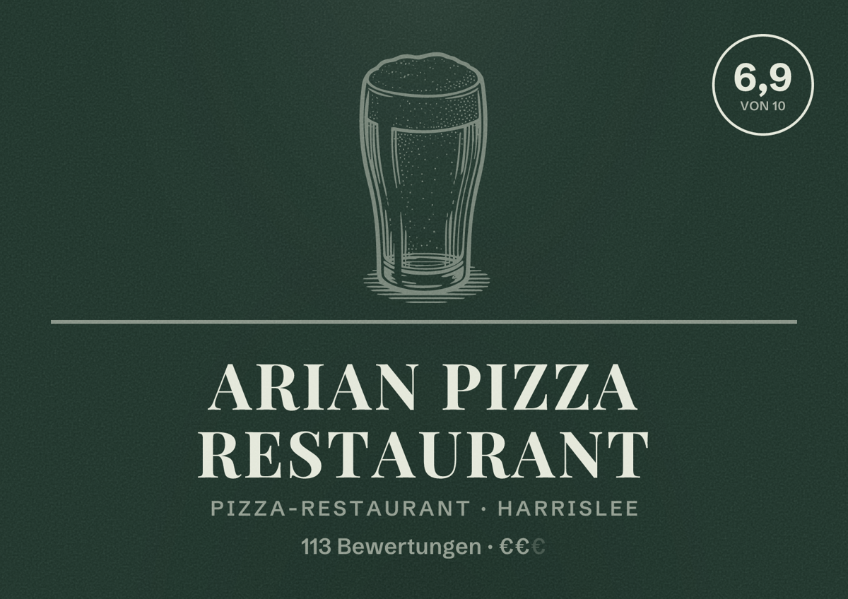 Illustriertes Poster von Arian Pizza Restaurant, Pizza-Restaurant in Harrislee: Bewertung 6,9 von 10 aus 113 Bewertungen, Preisniveau €€