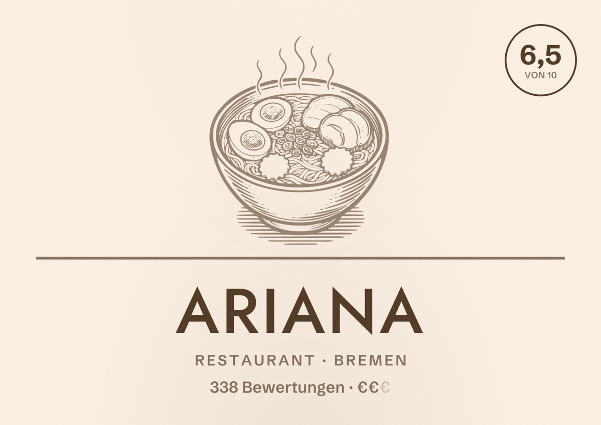 Illustriertes Poster von Ariana, Restaurant in Bremen: Bewertung 6,5 von 10 aus 338 Bewertungen, Preisniveau €€