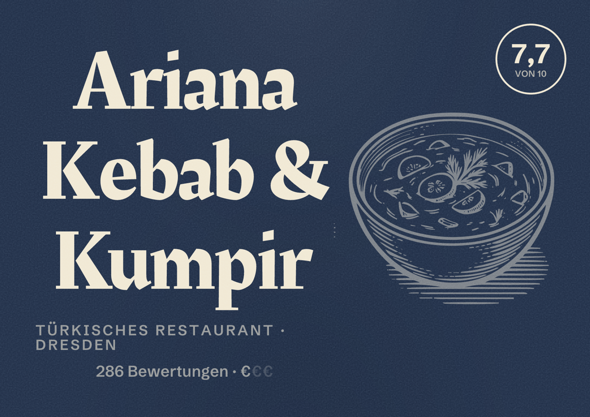 Illustriertes Poster von Ariana Kebab & Kumpir, Türkisches Restaurant in Dresden: Bewertung 7,7 von 10 aus 286 Bewertungen, Preisniveau €