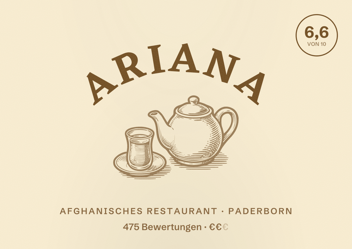 Illustriertes Poster von Ariana, Afghanisches Restaurant in Paderborn: Bewertung 6,6 von 10 aus 475 Bewertungen, Preisniveau €€