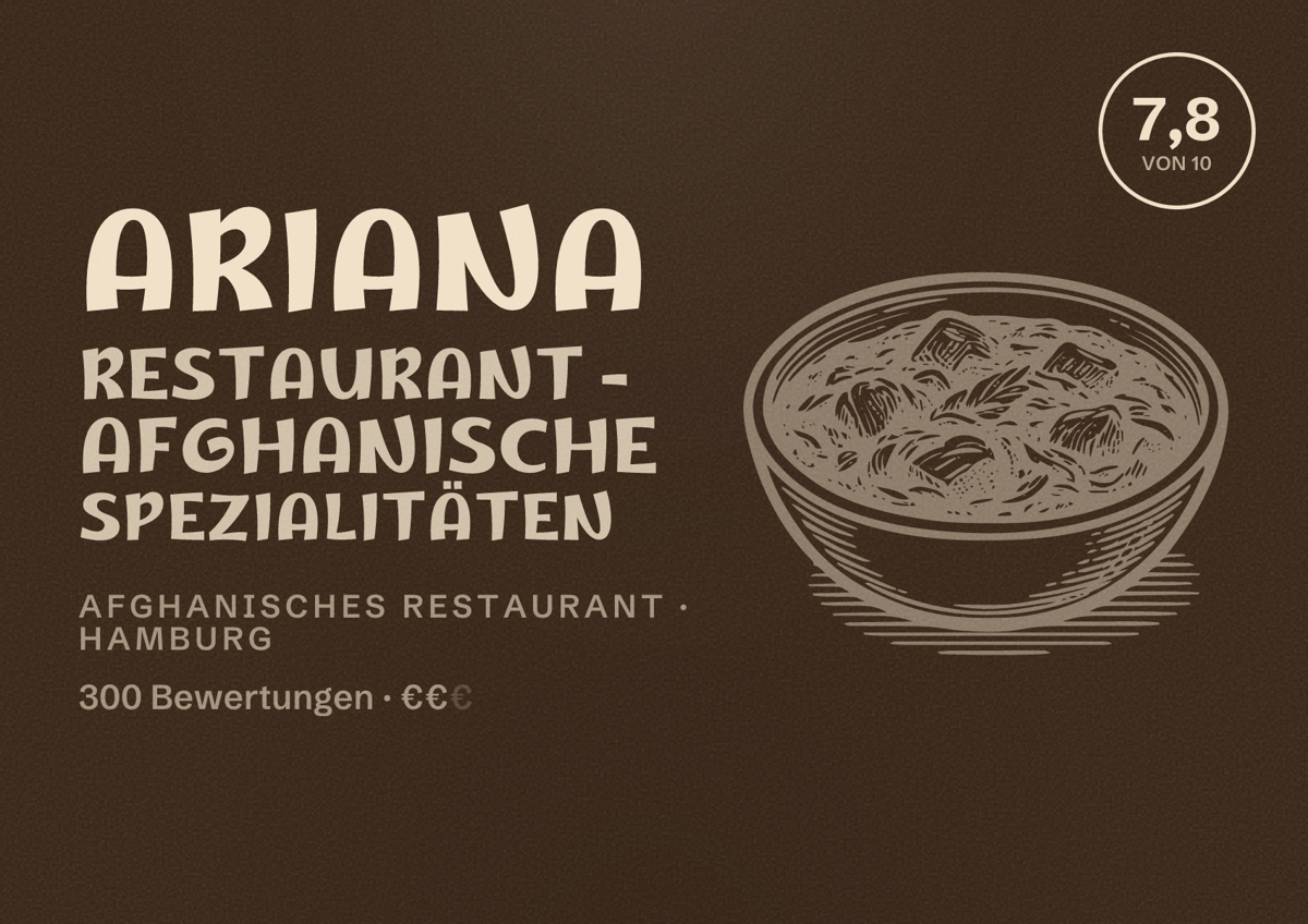 Illustriertes Poster von Ariana Restaurant - Afghanische Spezialitäten, Afghanisches Restaurant in Hamburg: Bewertung 7,8 von 10 aus 300 Bewertungen, Preisniveau €€