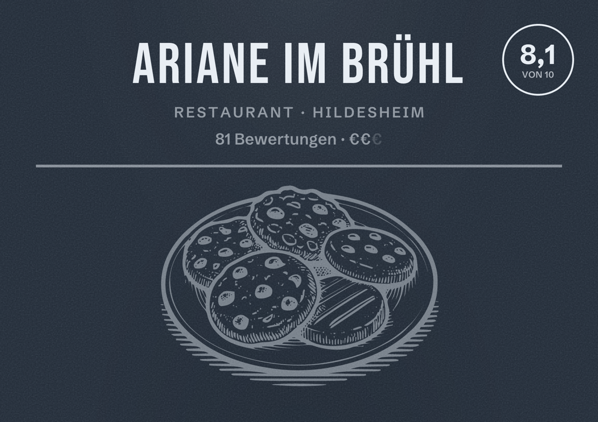 Illustriertes Poster von Ariane im Brühl, Restaurant in Hildesheim: Bewertung 8,1 von 10 aus 81 Bewertungen, Preisniveau €€