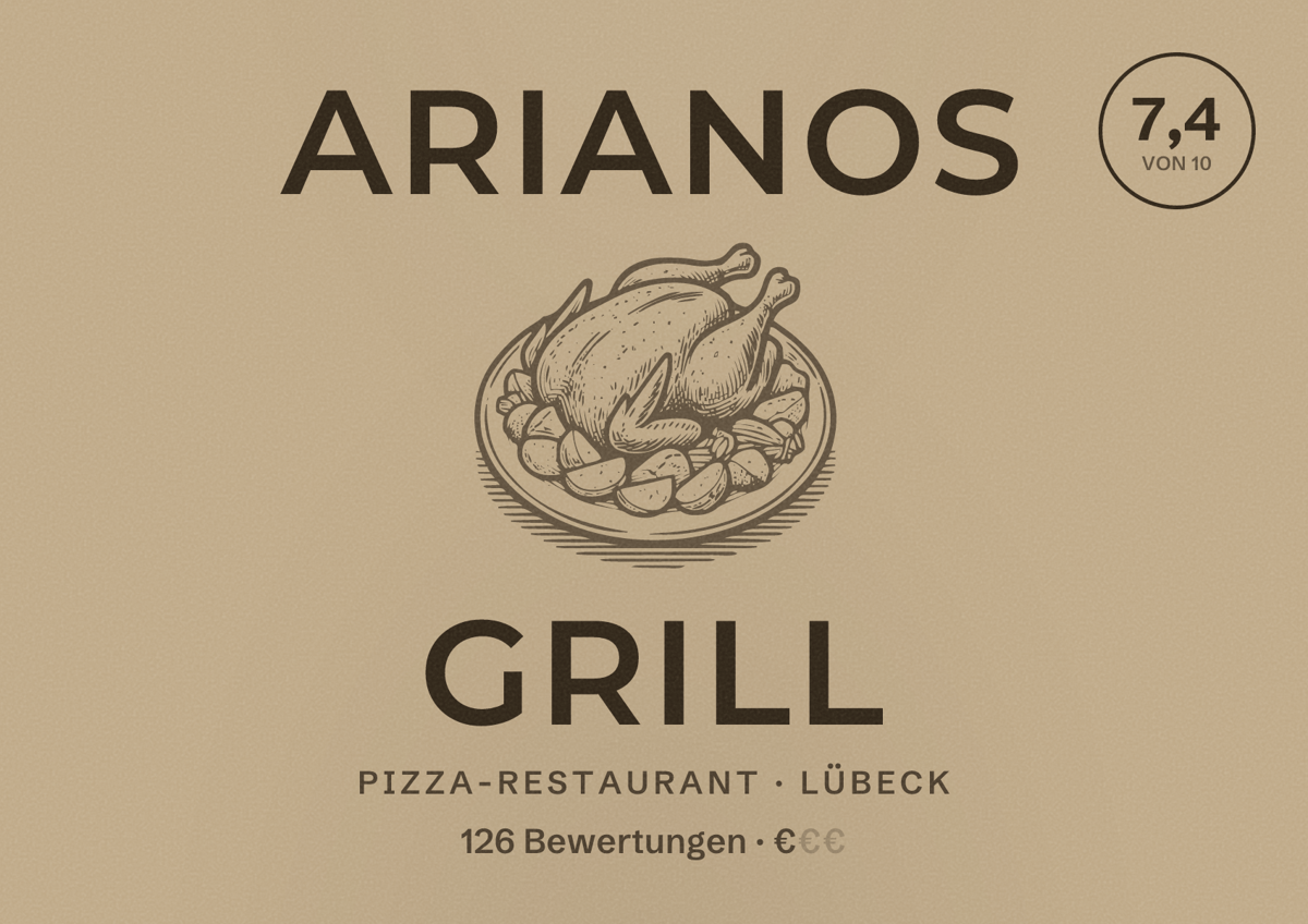 Illustriertes Poster von Arianos Grill, Pizza-Restaurant in Lübeck: Bewertung 7,4 von 10 aus 126 Bewertungen, Preisniveau €