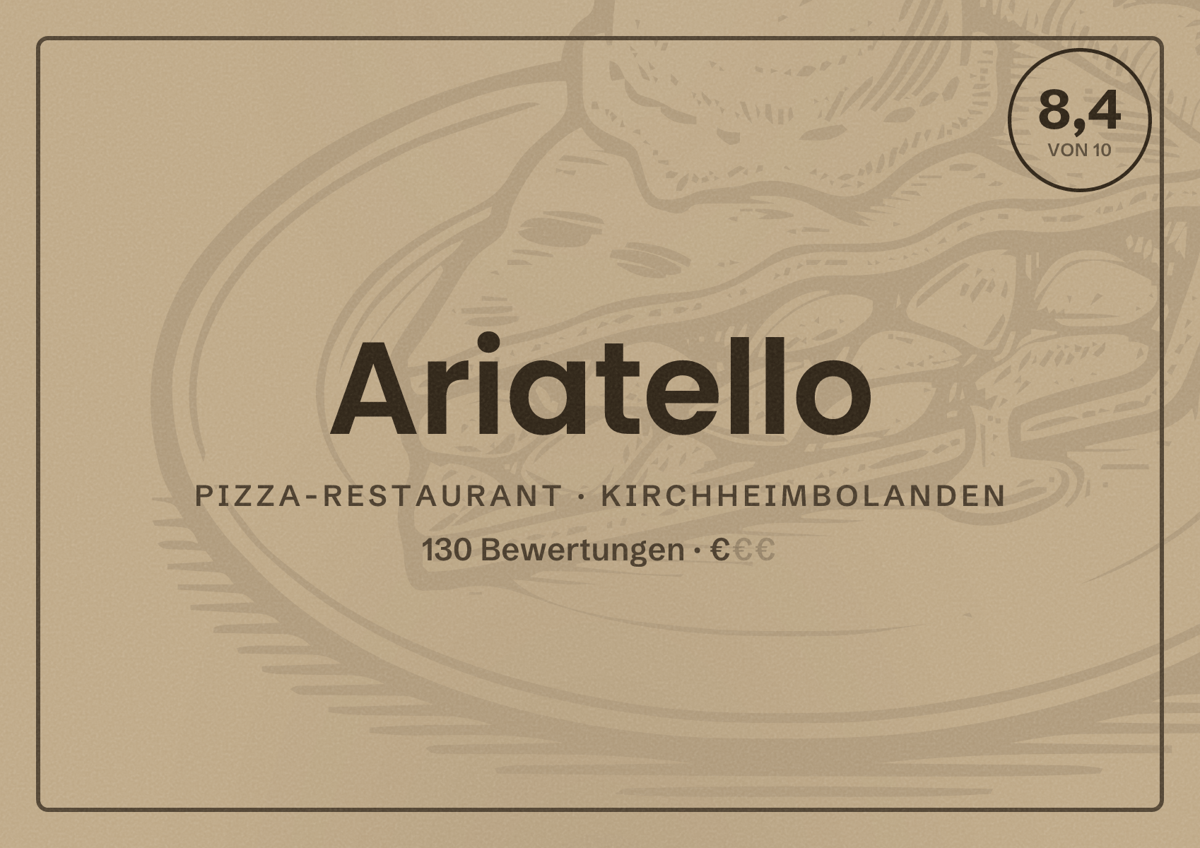 Illustriertes Poster von Ariatello, Pizza-Restaurant in Kirchheimbolanden: Bewertung 8,4 von 10 aus 130 Bewertungen, Preisniveau €