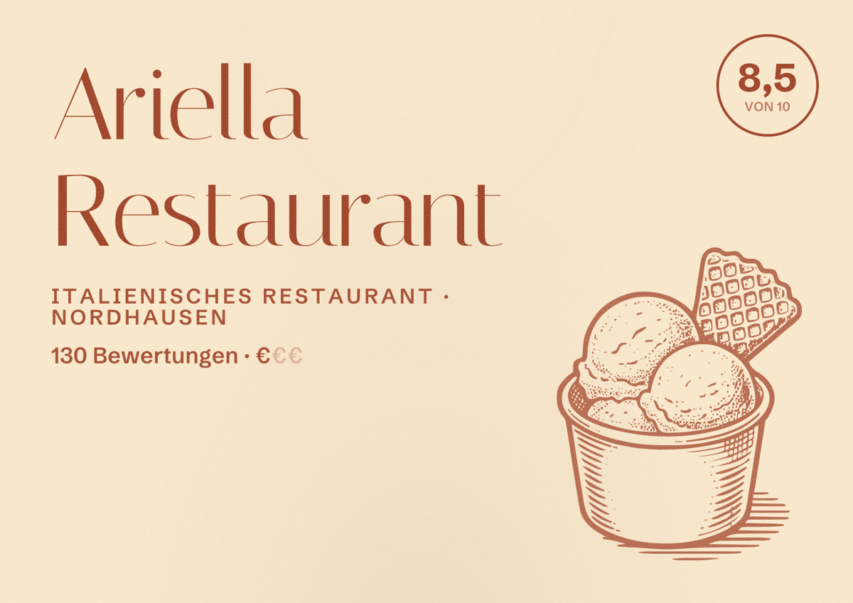 Illustriertes Poster von Ariella Restaurant, Italienisches Restaurant in Nordhausen: Bewertung 8,5 von 10 aus 130 Bewertungen, Preisniveau €