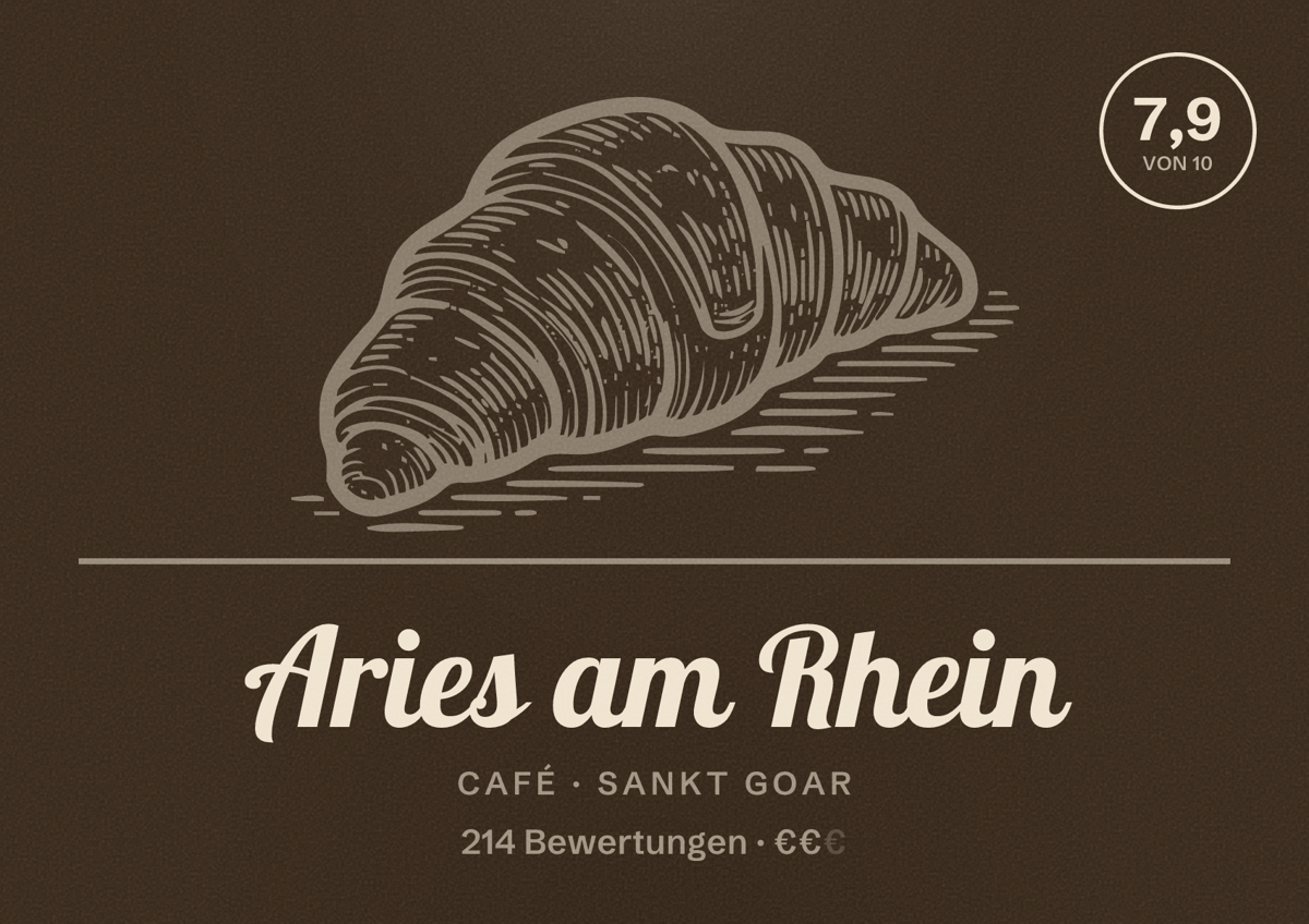 Illustriertes Poster von Aries am Rhein, Café in Sankt Goar: Bewertung 7,9 von 10 aus 214 Bewertungen, Preisniveau €€