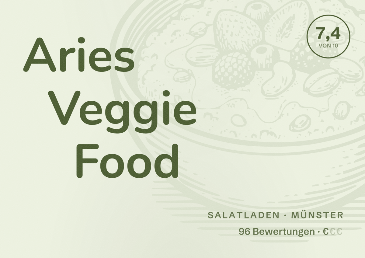 Illustriertes Poster von Aries Veggie Food, Salatladen in Münster: Bewertung 7,4 von 10 aus 96 Bewertungen, Preisniveau €