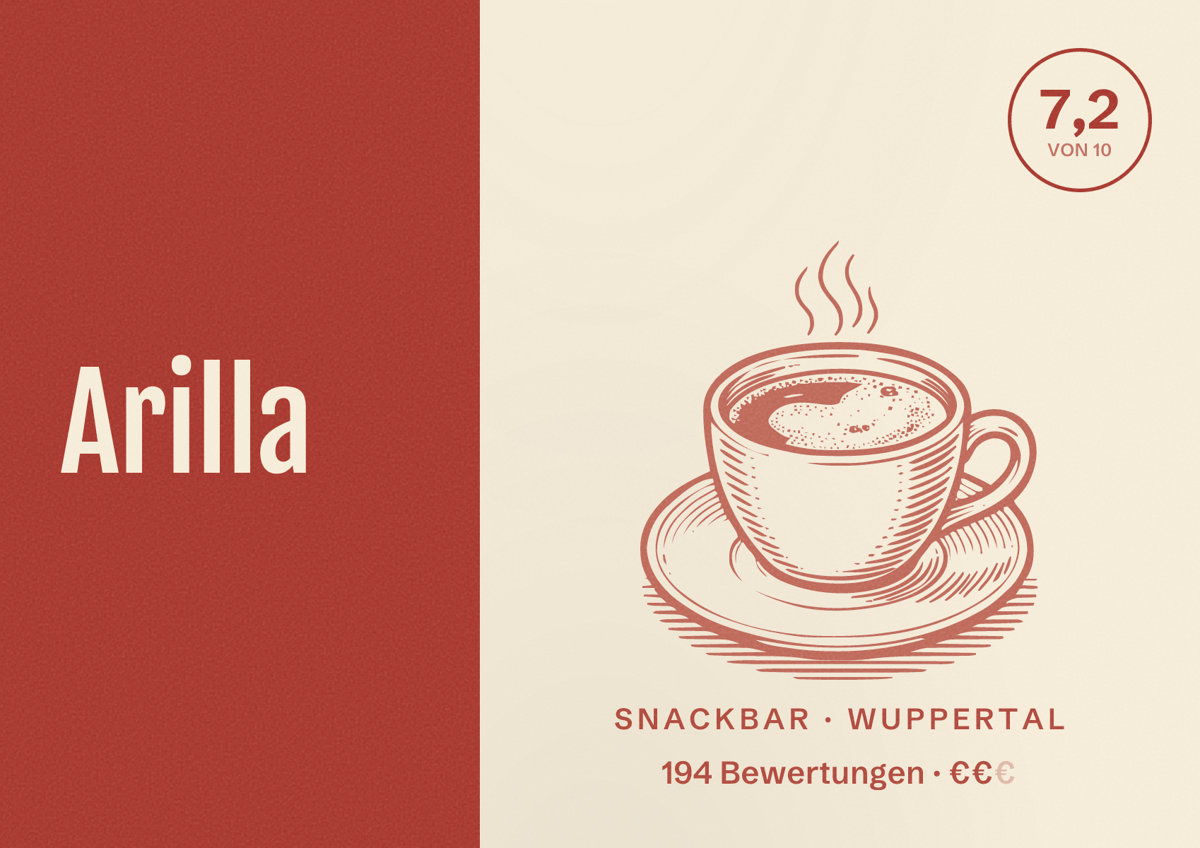 Illustriertes Poster von Arilla, Snackbar in Wuppertal: Bewertung 7,2 von 10 aus 194 Bewertungen, Preisniveau €€