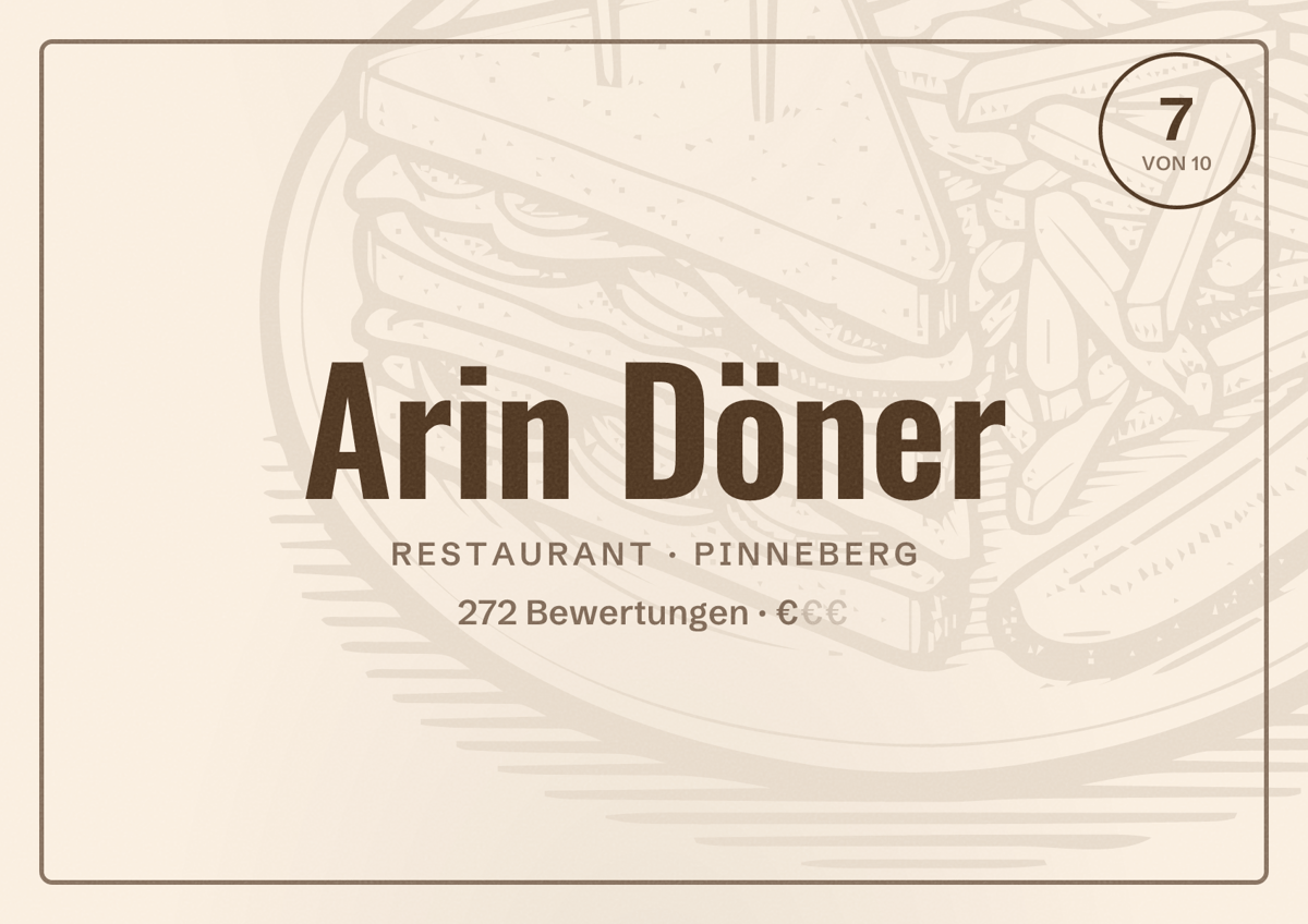 Illustriertes Poster von Arin Döner, Restaurant in Pinneberg: Bewertung 7 von 10 aus 272 Bewertungen, Preisniveau €