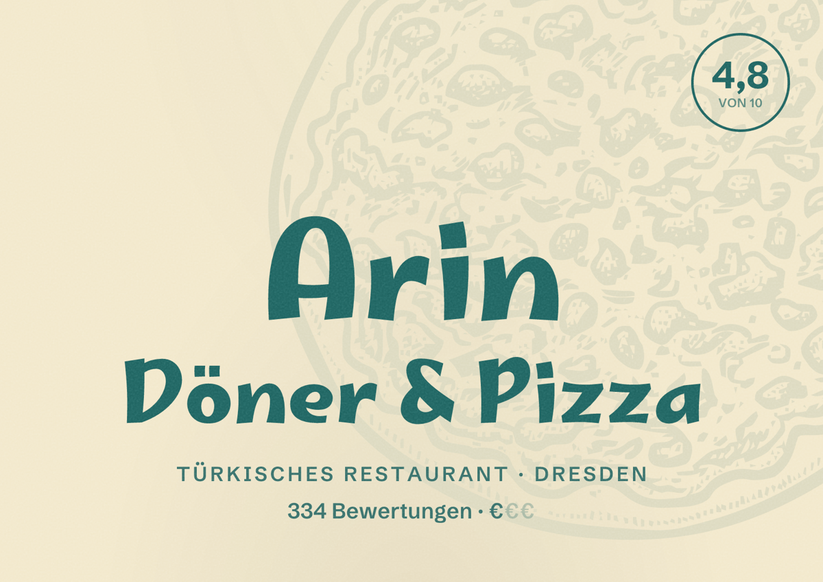 Illustriertes Poster von Arin Döner & Pizza, Türkisches Restaurant in Dresden: Bewertung 4,8 von 10 aus 334 Bewertungen, Preisniveau €