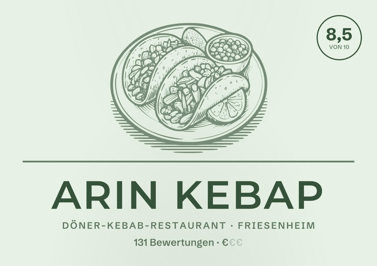 Illustriertes Poster von Arin Kebap, Döner-Kebab-Restaurant in Friesenheim: Bewertung 8,5 von 10 aus 131 Bewertungen, Preisniveau €