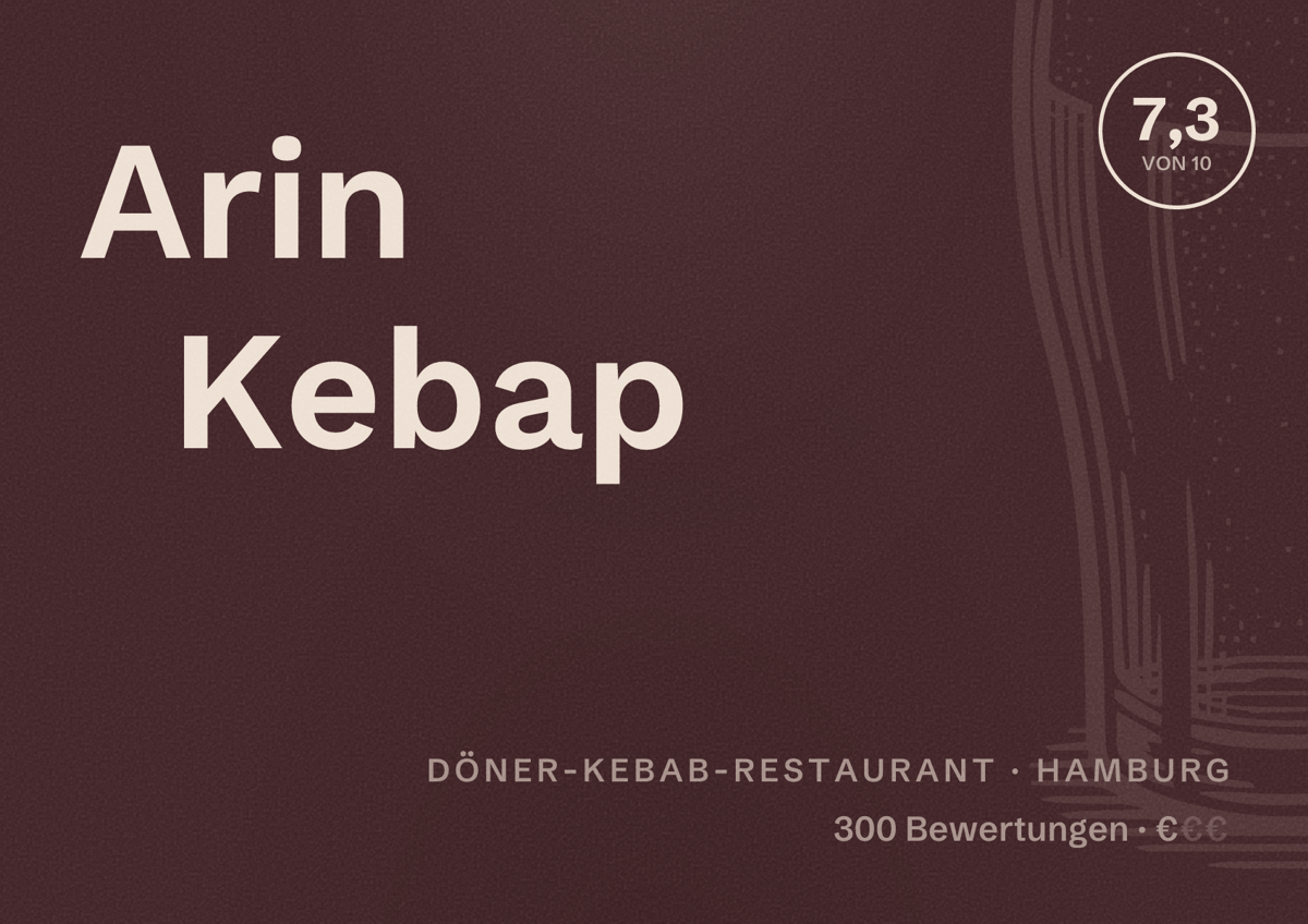 Illustriertes Poster von Arin Kebap, Döner-Kebab-Restaurant in Hamburg: Bewertung 7,3 von 10 aus 300 Bewertungen, Preisniveau €