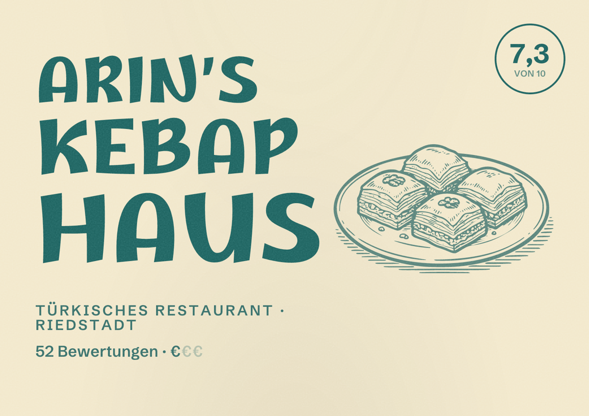 Illustriertes Poster von Arin’s Kebap Haus, Türkisches Restaurant in Riedstadt: Bewertung 7,3 von 10 aus 52 Bewertungen, Preisniveau €