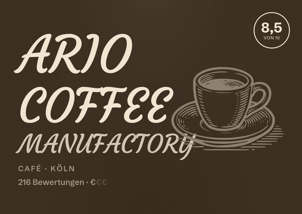 Illustriertes Poster von ARIO COFFEE MANUFACTORY, Café in Köln: Bewertung 8,5 von 10 aus 216 Bewertungen, Preisniveau €