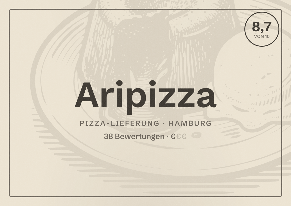 Illustriertes Poster von Aripizza, Pizza-Lieferung in Hamburg: Bewertung 8,7 von 10 aus 38 Bewertungen, Preisniveau €