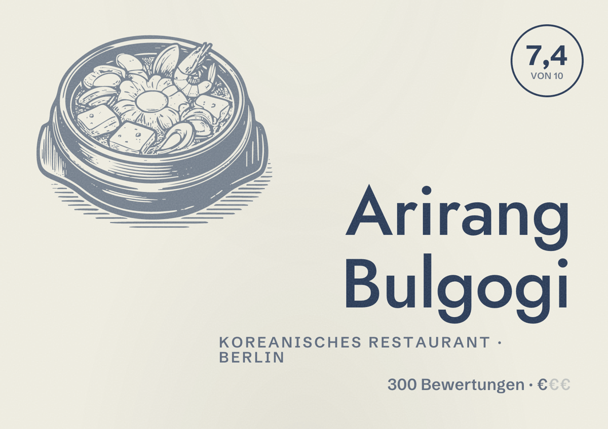 Illustriertes Poster von Arirang Bulgogi, Koreanisches Restaurant in Berlin: Bewertung 7,4 von 10 aus 300 Bewertungen, Preisniveau €