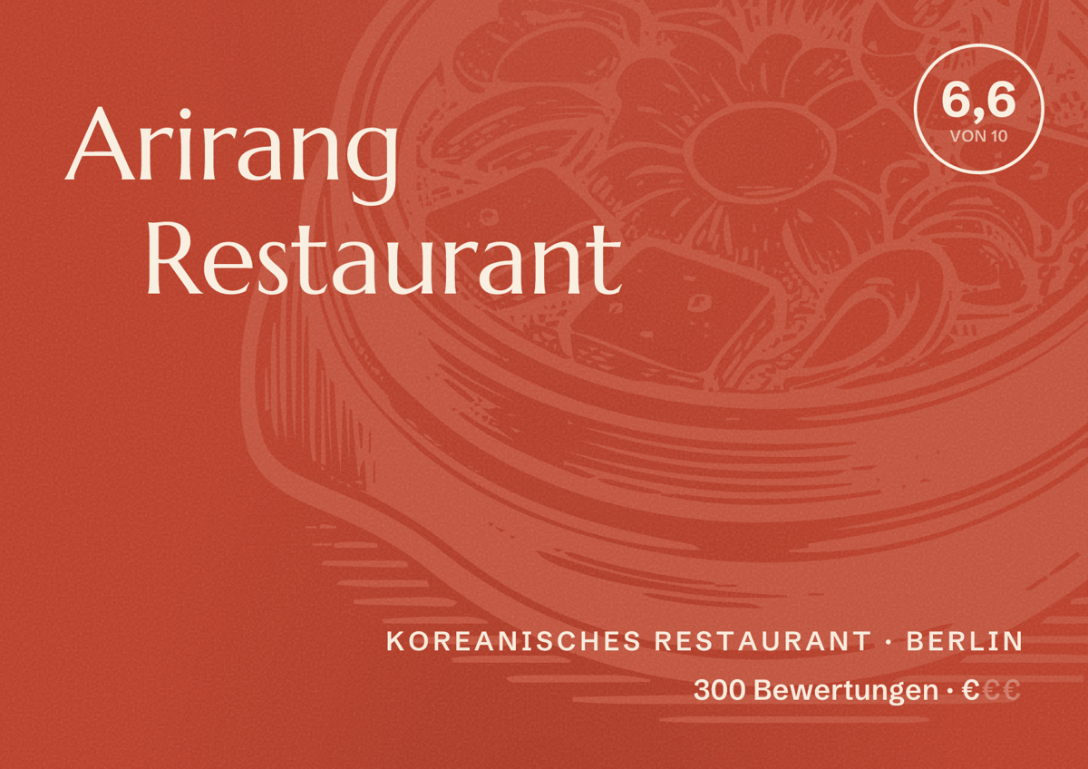 Illustriertes Poster von Arirang Restaurant, Koreanisches Restaurant in Berlin: Bewertung 6,6 von 10 aus 300 Bewertungen, Preisniveau €