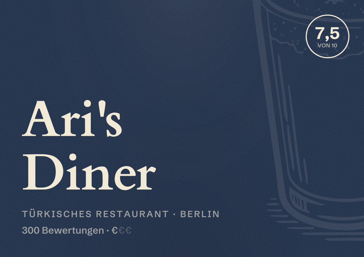 Illustriertes Poster von Ari's Diner, Türkisches Restaurant in Berlin: Bewertung 7,5 von 10 aus 300 Bewertungen, Preisniveau €