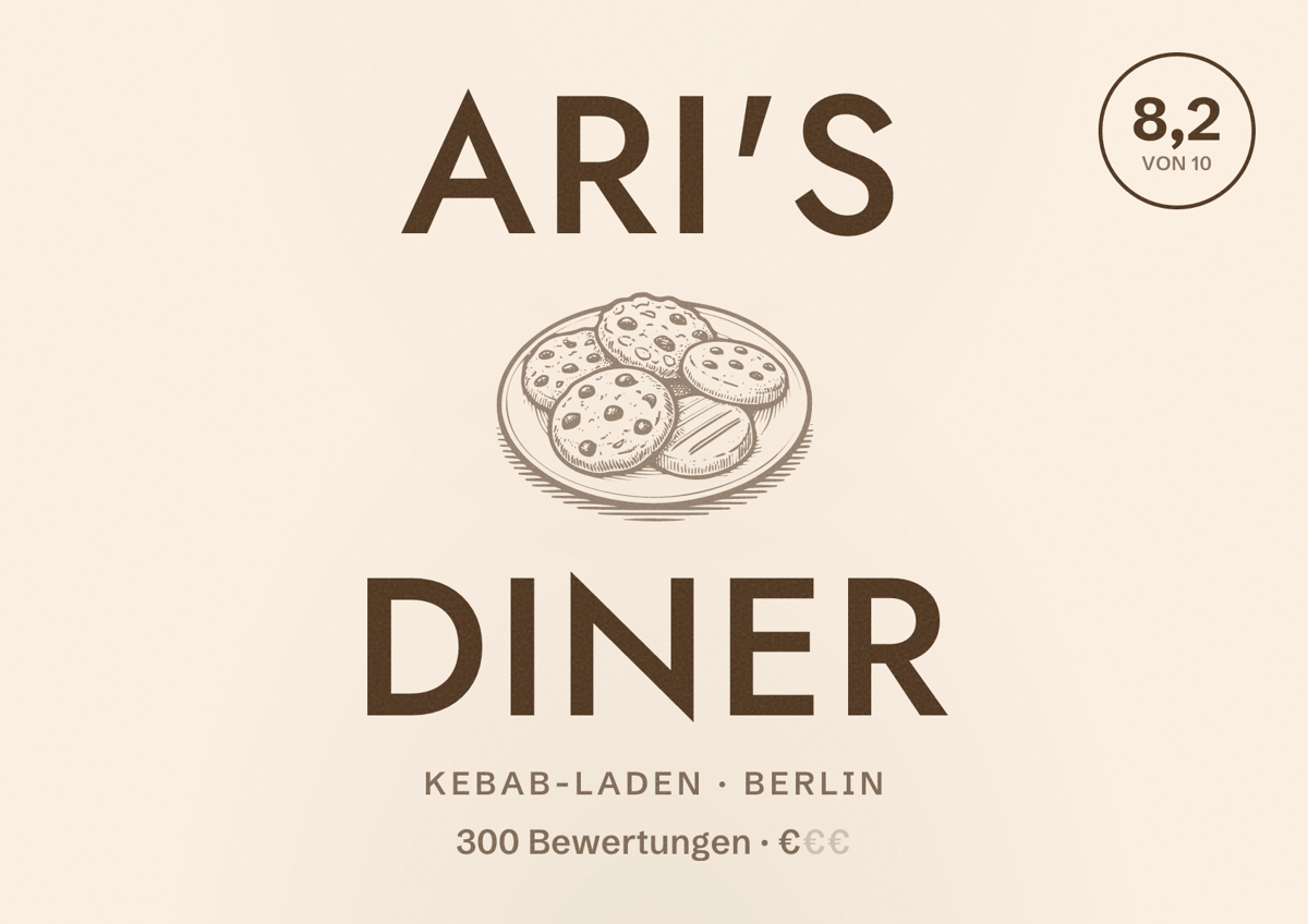 Illustriertes Poster von Ari's Diner, Kebab-Laden in Berlin: Bewertung 8,2 von 10 aus 300 Bewertungen, Preisniveau €