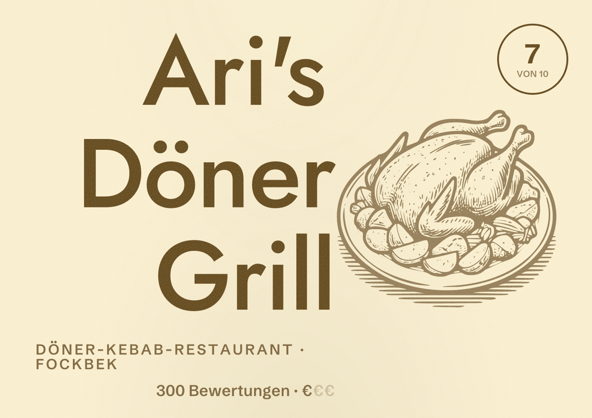 Illustriertes Poster von Ari's Döner Grill, Döner-Kebab-Restaurant in Fockbek: Bewertung 7 von 10 aus 300 Bewertungen, Preisniveau €
