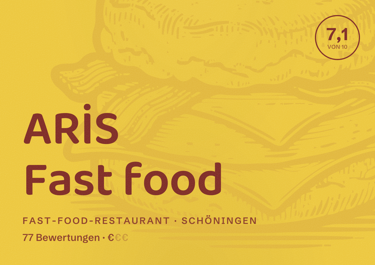 Illustriertes Poster von ARİS Fast food, Fast-Food-Restaurant in Schöningen: Bewertung 7,1 von 10 aus 77 Bewertungen, Preisniveau €
