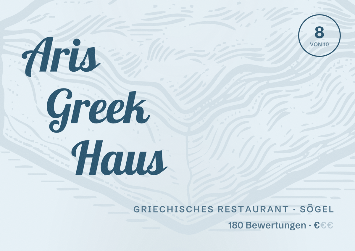 Illustriertes Poster von Aris Greek Haus, Griechisches Restaurant in Sögel: Bewertung 8 von 10 aus 180 Bewertungen, Preisniveau €