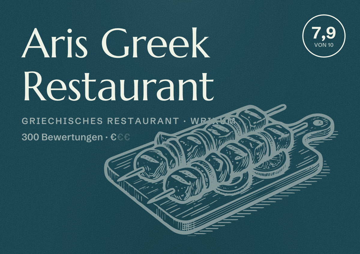 Illustriertes Poster von Aris Greek Restaurant, Griechisches Restaurant in Wrixum: Bewertung 7,9 von 10 aus 300 Bewertungen, Preisniveau €