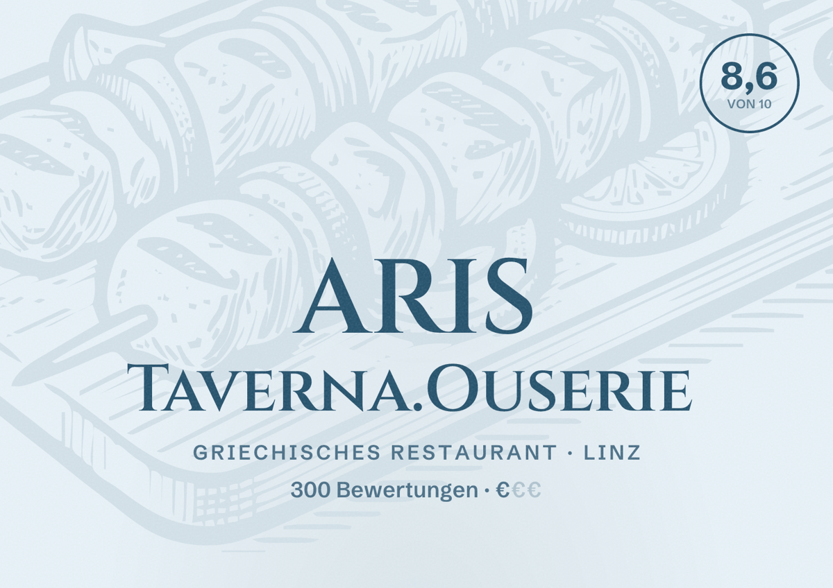 Illustriertes Poster von ARIS Taverna.Ouserie, Griechisches Restaurant in Linz: Bewertung 8,6 von 10 aus 300 Bewertungen, Preisniveau €