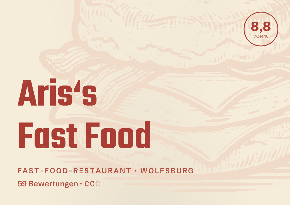Illustriertes Poster von Aris‘s Fast Food, Fast-Food-Restaurant in Wolfsburg: Bewertung 8,8 von 10 aus 59 Bewertungen, Preisniveau €€