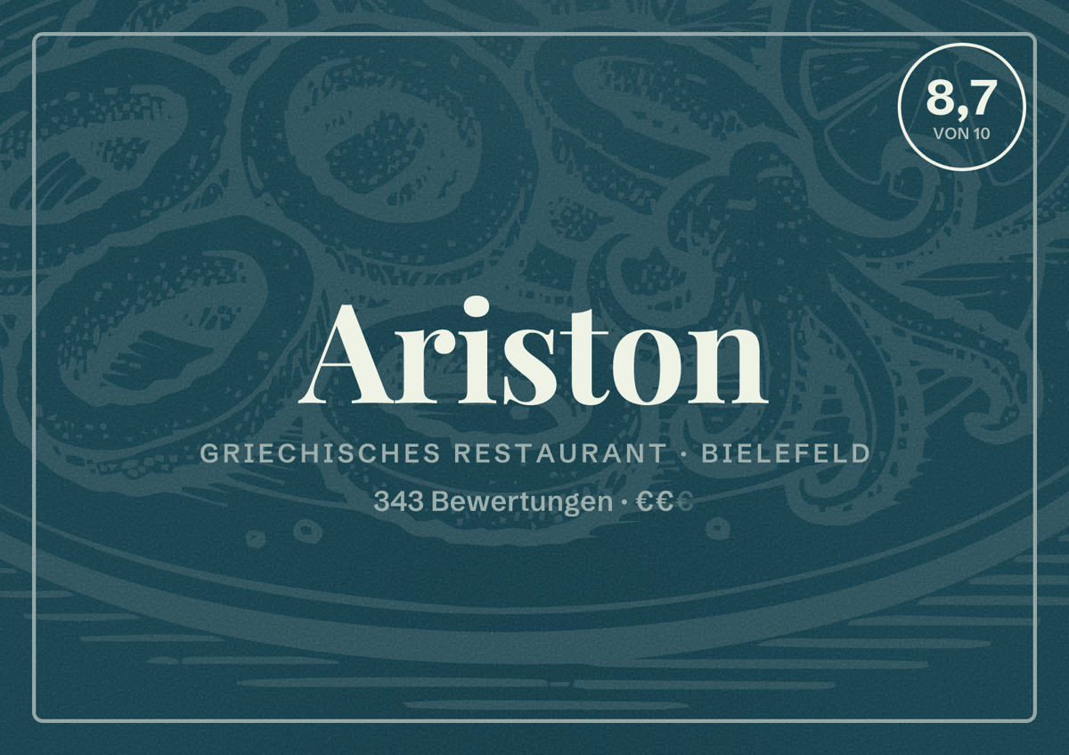Illustriertes Poster von Ariston, Griechisches Restaurant in Bielefeld: Bewertung 8,7 von 10 aus 343 Bewertungen, Preisniveau €€