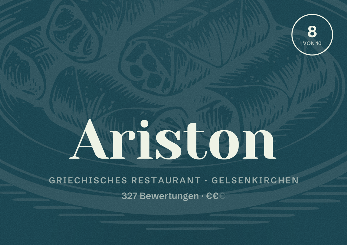 Illustriertes Poster von Ariston, Griechisches Restaurant in Gelsenkirchen: Bewertung 8 von 10 aus 327 Bewertungen, Preisniveau €€