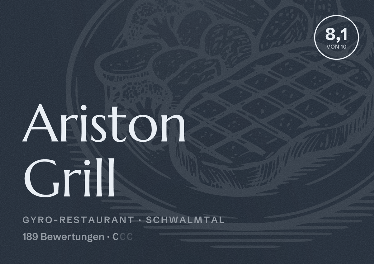 Illustriertes Poster von Ariston Grill, Gyro-Restaurant in Schwalmtal: Bewertung 8,1 von 10 aus 189 Bewertungen, Preisniveau €