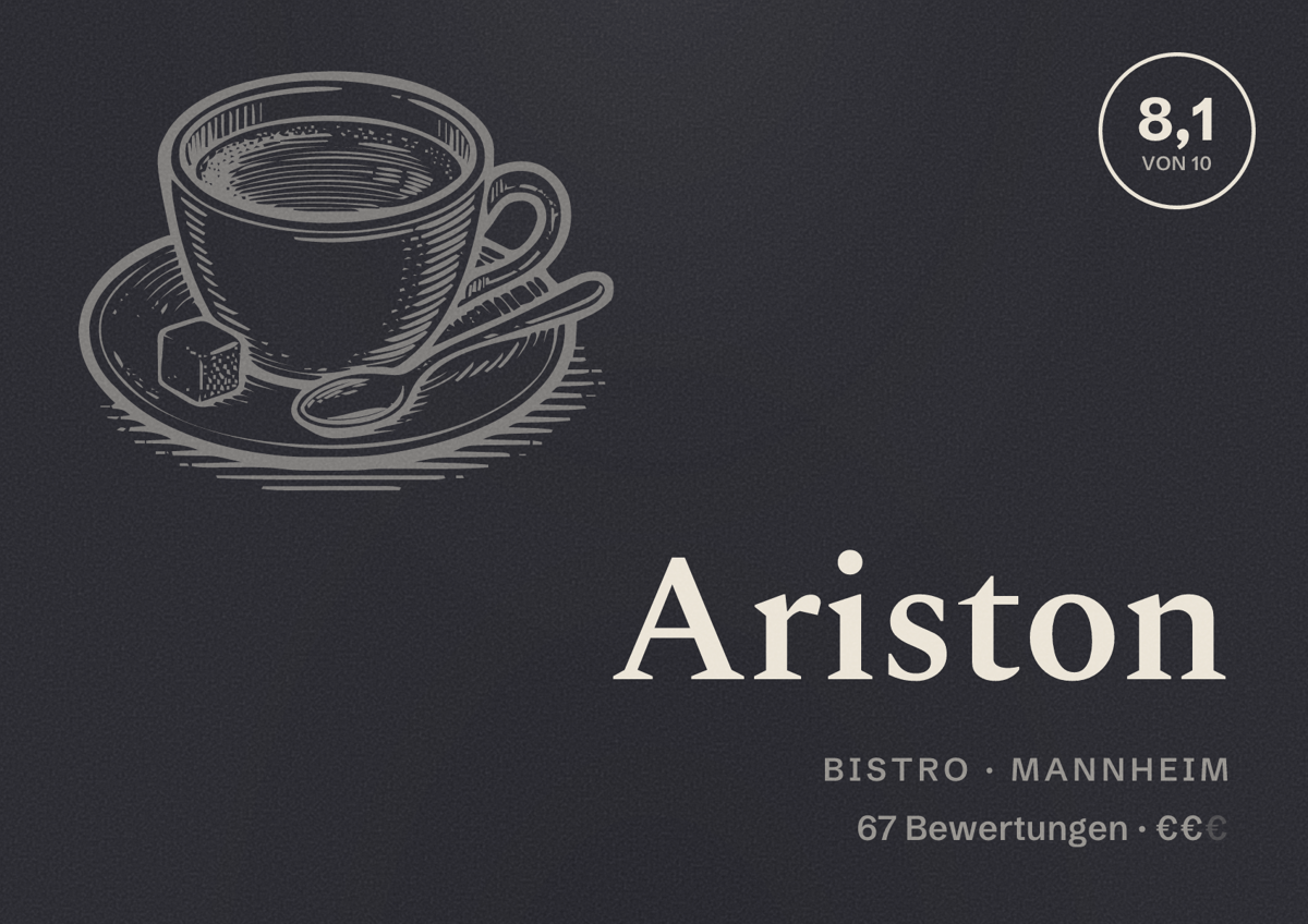 Illustriertes Poster von Ariston, Bistro in Mannheim: Bewertung 8,1 von 10 aus 67 Bewertungen, Preisniveau €€